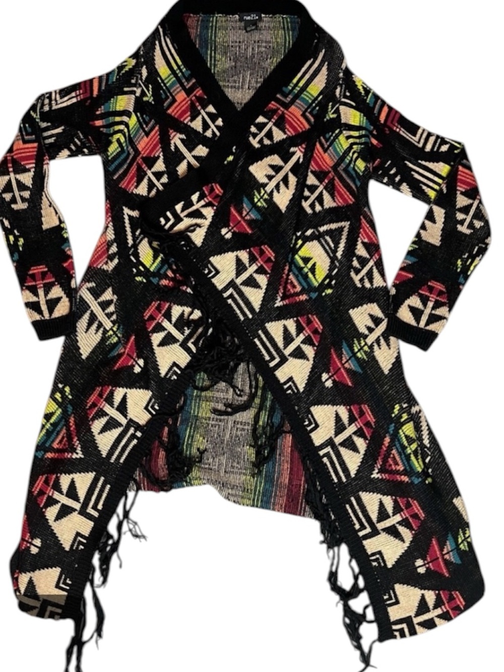 No Boundaries Multicolor Aztec Fringe Cardigan - Black Trim